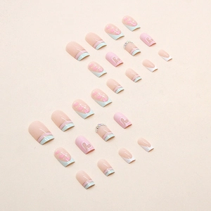 24pcs light blue and pink press-on nails with heart patterns and small rhinestones
