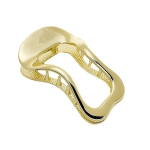 Irregular hollow golden metal hair clip with minimalist design on white background