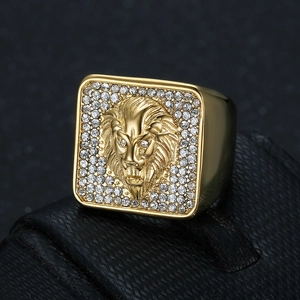 Men's hip hop square lion head ring in gold finish with full micro-pave crystals