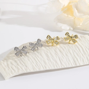 Elegant Zircon Bowknot Earring Stud Findings Copper Base Gold Plated DIY Jewelry Making Accessories Commuter Style