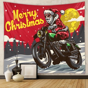 Detail of bohemian Christmas tapestry featuring Santa on motorcycle against a red moon
