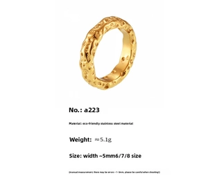 Detailed specs of 18k gold plated stainless steel ring with hammered lava texture