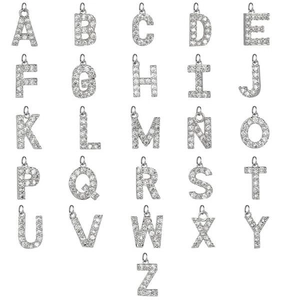 Detailed set of 26 hollow heart rhinestone letter charms in polished silver finish