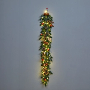 Champagne gold Christmas teardrop wreath with frosted pine, LED lights and wooden sign
