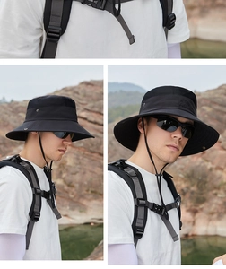 Detail of outdoor sun hat with breathable mesh and adjustable windproof rope in hiking scene