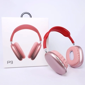 Macro detail of P9 wireless headphones in rose gold with mesh ear pads and packaging