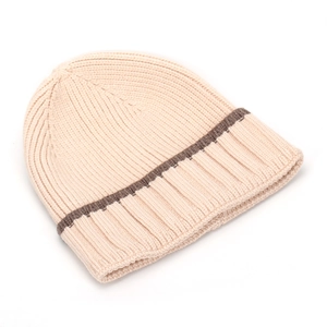 Beige ribbed knit beanie with dark brown contrast stripe, stylish winter cuff hat for adults