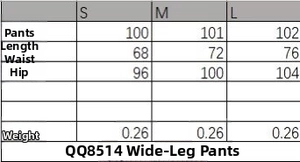 Size chart for V-neck long sleeve set and wide leg pants including S, M, L measurements