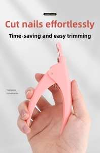 Detail showing sharp stainless steel blade and ergonomic pink handle of a U-shaped nail clipper