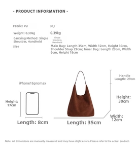 Detail view of brown faux suede tote bag dimensions with smartphone size comparison