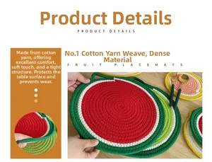 Detailed view of woven cotton watermelon coaster showing spiral weave texture and color