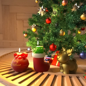 Christmas candle set with red bow, stocking decor, and golden reindeer for holiday display