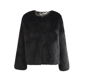 Close-up of thick black faux fur texture and crew neck design on long sleeve winter coat