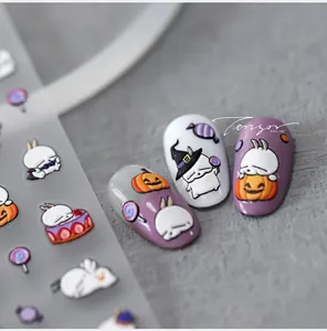 3D embossed Halloween nail art stickers with cute rabbits, pumpkins and candies
