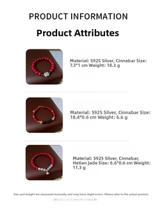 Detailed specs of cinnabar and Hetian jade bracelets with S925 silver accents