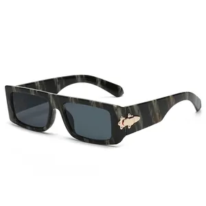 Rectangle sunglasses with black grey marble pattern frame and golden metal accents
