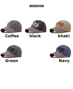 Detail showing five colors of washed cotton baseball caps with New York embroidery