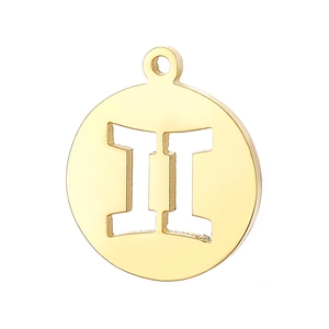 Detailed view of a gold circular Gemini zodiac pendant with hollow Roman numeral II cutout