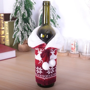 Festive Christmas wine bottle cover featuring reindeer knit pattern and white plush collar
