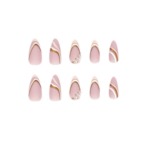 French tip press-on nails in dusty pink with white waves, pearls and metallic details