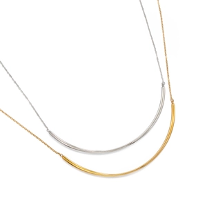 Minimalist gold and silver titanium steel necklaces with curved bar pendants on white background