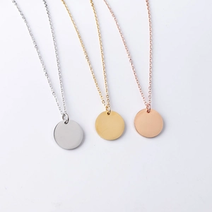 Polished stainless steel round disc necklaces in silver, gold, and rose gold finishes