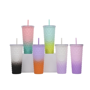 Colorful studded tumblers with straws and diamond texture in multi-color gradient set