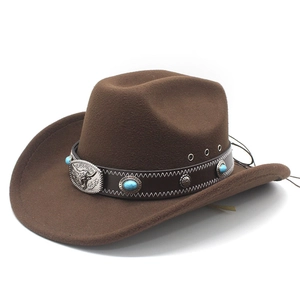 Brown vintage western cowboy hat with wide brim and decorative bull head buckle