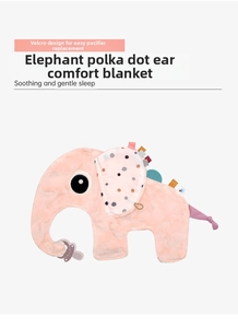 Detail of pink elephant comforter with velcro strap holding a transparent pacifier