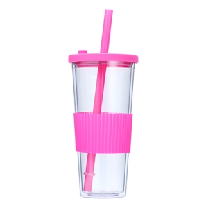 Close-up detail of clear double wall plastic tumbler with pink silicone sleeve and straw.