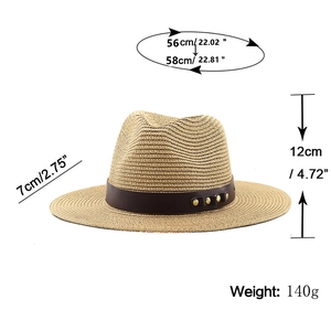 Chapeau de paille Fedora avec sangle en cuir, taille 56-58cm, bord large de 7cm