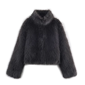 Women Faux Fur Coat Stand Collar Solid Color Short Jacket Long Sleeve Elegant Winter Outwear Socialite Fashion