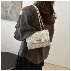 Model wearing tweed crossbody bag with golden chain strap and metallic clasp