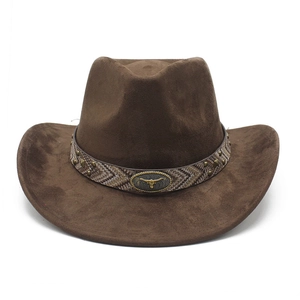 Detail of dark brown suede cowboy hat with metal bull head emblem and studded woven band