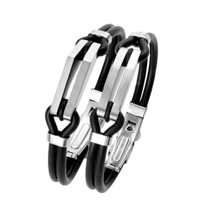 Bracelet double tour en acier inoxydable et silicone noir pour couple avec lien en U