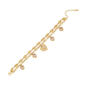 Double-layered gold titanium steel bracelet featuring heart pendants and sparkling crystals