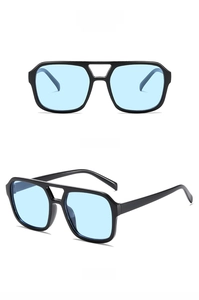 Front and 45-degree angle views of vintage double-bridge sunglasses with blue lenses