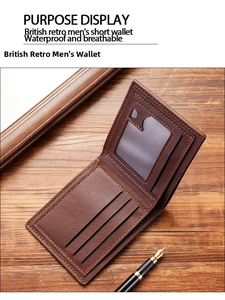 Detailed interior of a brown leather wallet showing card slots and photo window on wood