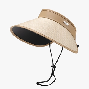 Women's UV protection visor with wide woven brim and leather accent in a minimalist style