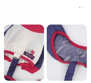 Detail view of purple waterproof dog leggings with metal D-ring and cartoon pattern