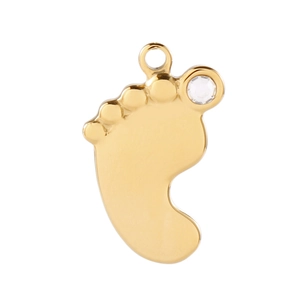 Macro shot of gold-plated baby footprint pendant with a small sparkling diamond inlay