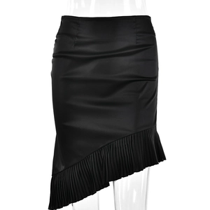 Women's chic black high waist satin ruffled mermaid skirt with irregular pleats