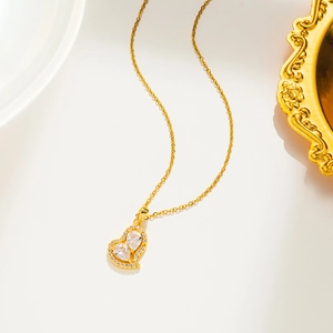 18K gold plated titanium steel heart necklace featuring shimmering zircon micro-paving
