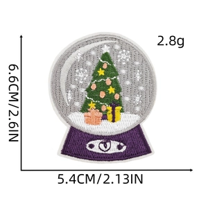 Detailed dimensions of Christmas tree snow globe embroidered patch at 6.6cm by 5.4cm size