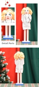 Macro details of nurse nutcracker featuring stethoscope, golden hair and wooden base