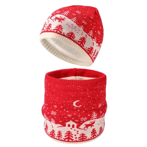 Winter snowflake Christmas knit hat and scarf set with warm fleece lining in red