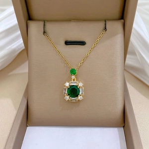 Elegant Square Green Gemstone Pendant Necklace Gold Stainless Steel Copper Zircon Jewelry For Women