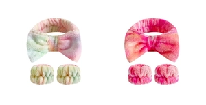 Detail showing two sets of tie-dye plush headbands and matching wristbands for face washing