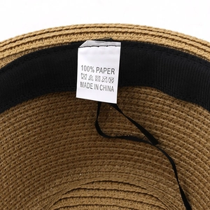 Internal view of wide brim paper straw sun hat with sweatband and 100% paper label