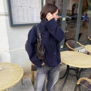 Veste Courte En Laine Pour Femmes Col Montant Boutonnage Simple Couleur Unie Décontractée Élégante Manteau Mode